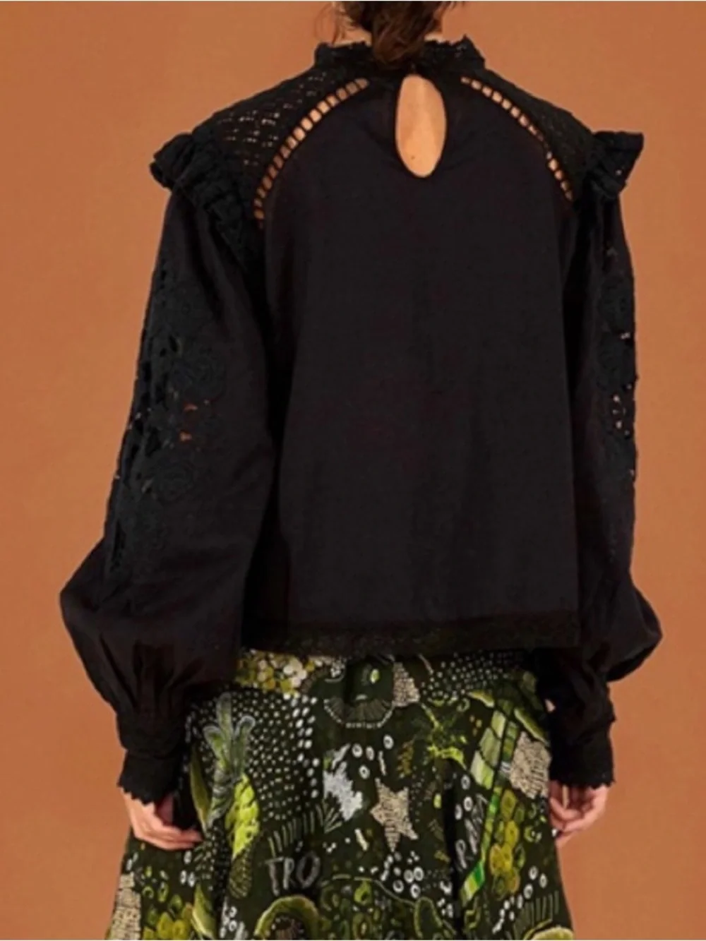 FARM Rio Black Eyelet and Lace High Neck Ruffle Blouse size large boho festival